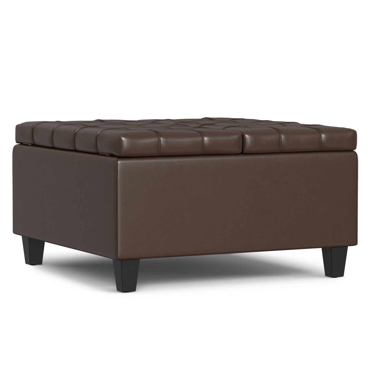 The Harrison Large Coffee Table Storage Ottoman is a square, brown, tufted leather piece with short black legs, displayed on a white background.
