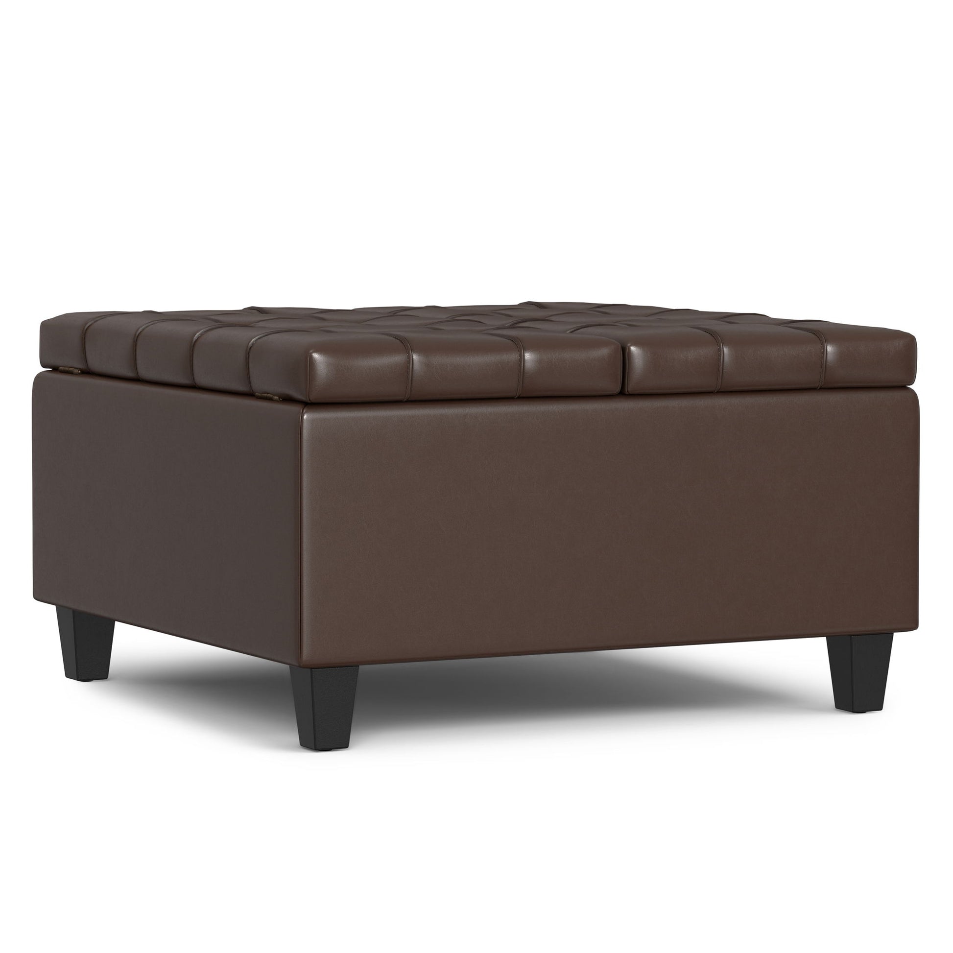 The Harrison Large Coffee Table Storage Ottoman is a square, brown, tufted leather piece with short black legs, displayed on a white background.