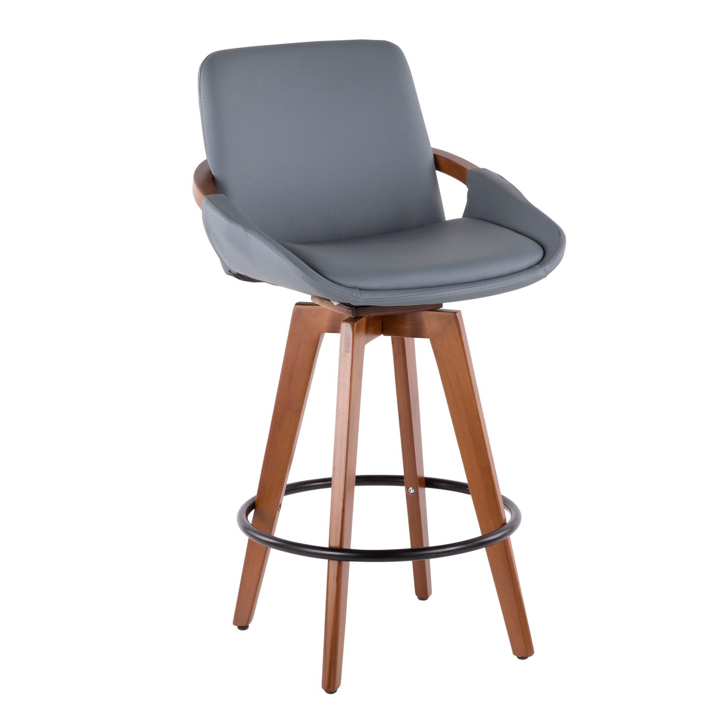 The Cosmo - Mid Century Counter Stool features light brown wooden legs, a circular black metal footrest, cushioned gray upholstery on the seat and backrest, armrests, and a swivel design.
