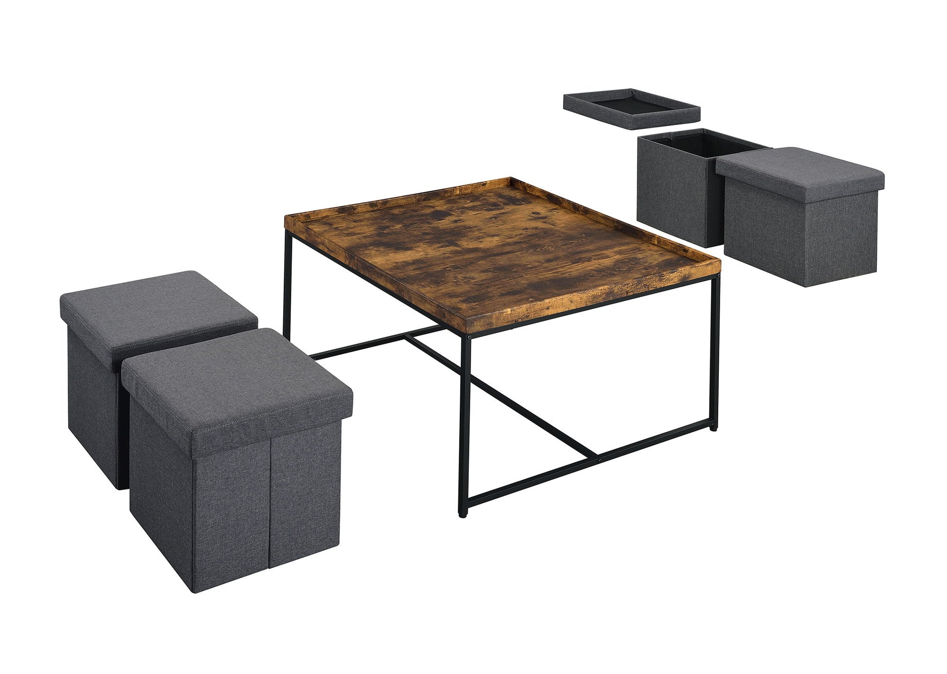 The Vinny Wood Grain Coffee Table Set features a rustic wooden top with black metal frame and comes with four gray ottomans—two opened to reveal storage—combining modern style, function, and raised edges for a stylish living space.
