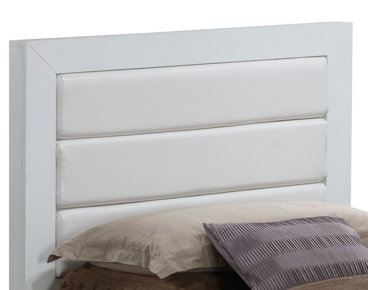 A close-up of the Transitional Modern Design Bed's white headboard featuring three horizontal padded panels, set behind a bed adorned with beige and gray pillows.