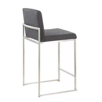 The Fuji Contemporary High Back Counter Stool features a gray upholstered seat and backrest, supported by a sleek silver metal frame. Its functional design includes a high back and armless style for modern appeal.