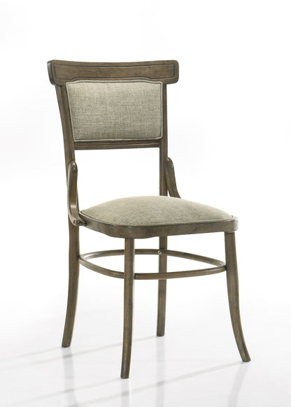The Bistro - Wide Contemporary Fabric Dining Chair With Cushion (Set of 2) in Vintage Walnut features a wooden frame, curved back, cushioned seat and backrest in light gray fabric, and rounded legs shown against a white background.