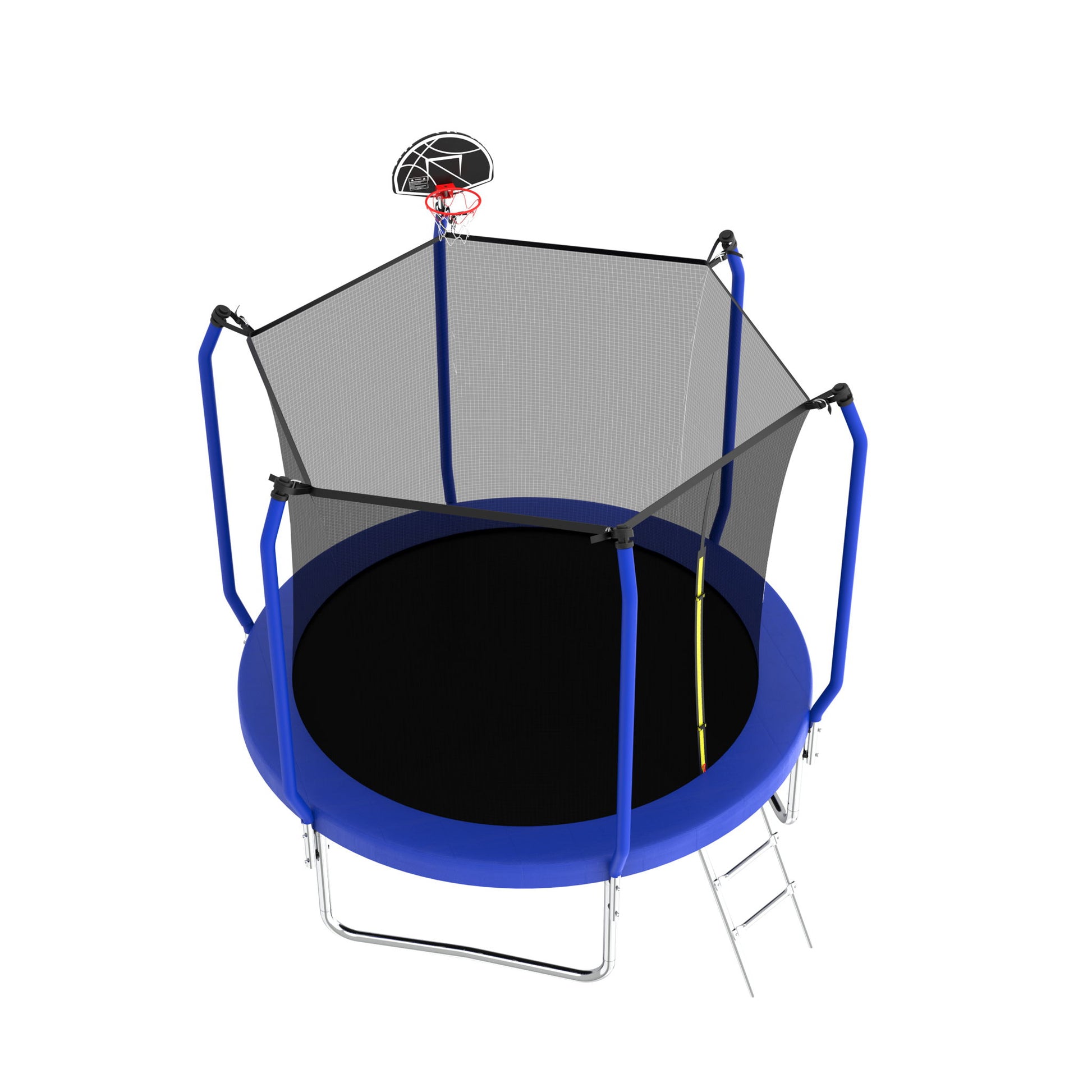 The Trampoline With Basketball Hoop, ASTM Approved Reinforced Type Outdoor Trampoline With Enclosure Net features a safety net, metal ladder, and basketball hoop on one side, displayed against a white backdrop.