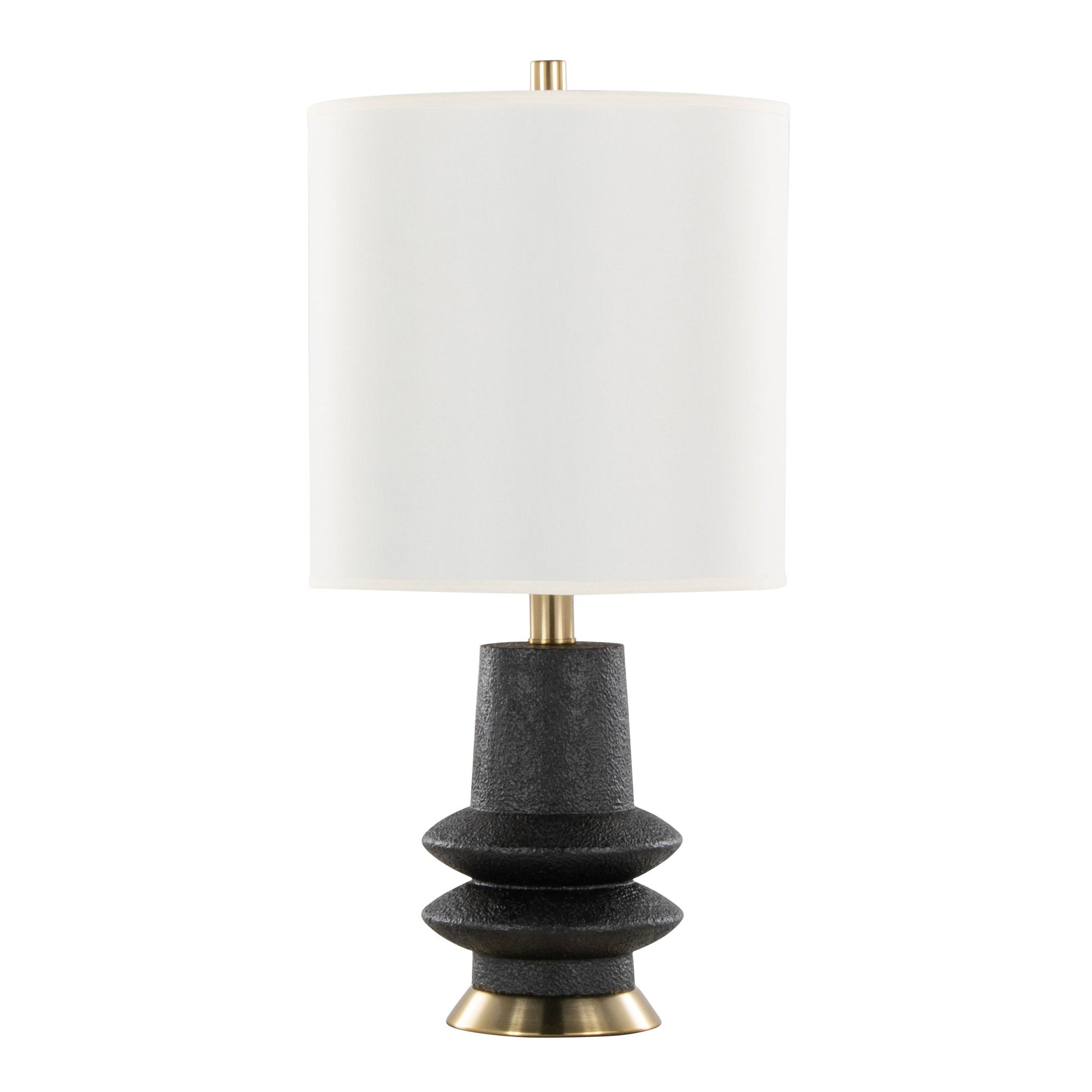 Lloyd - Contemporary Table Lamp (Set of 2) features a textured black geometric base, gold accents, and a cylindrical white fabric shade for a modern touch.