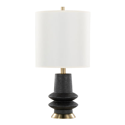 Lloyd - Contemporary Table Lamp (Set of 2) features a textured black geometric base, gold accents, and a cylindrical white fabric shade for a modern touch.