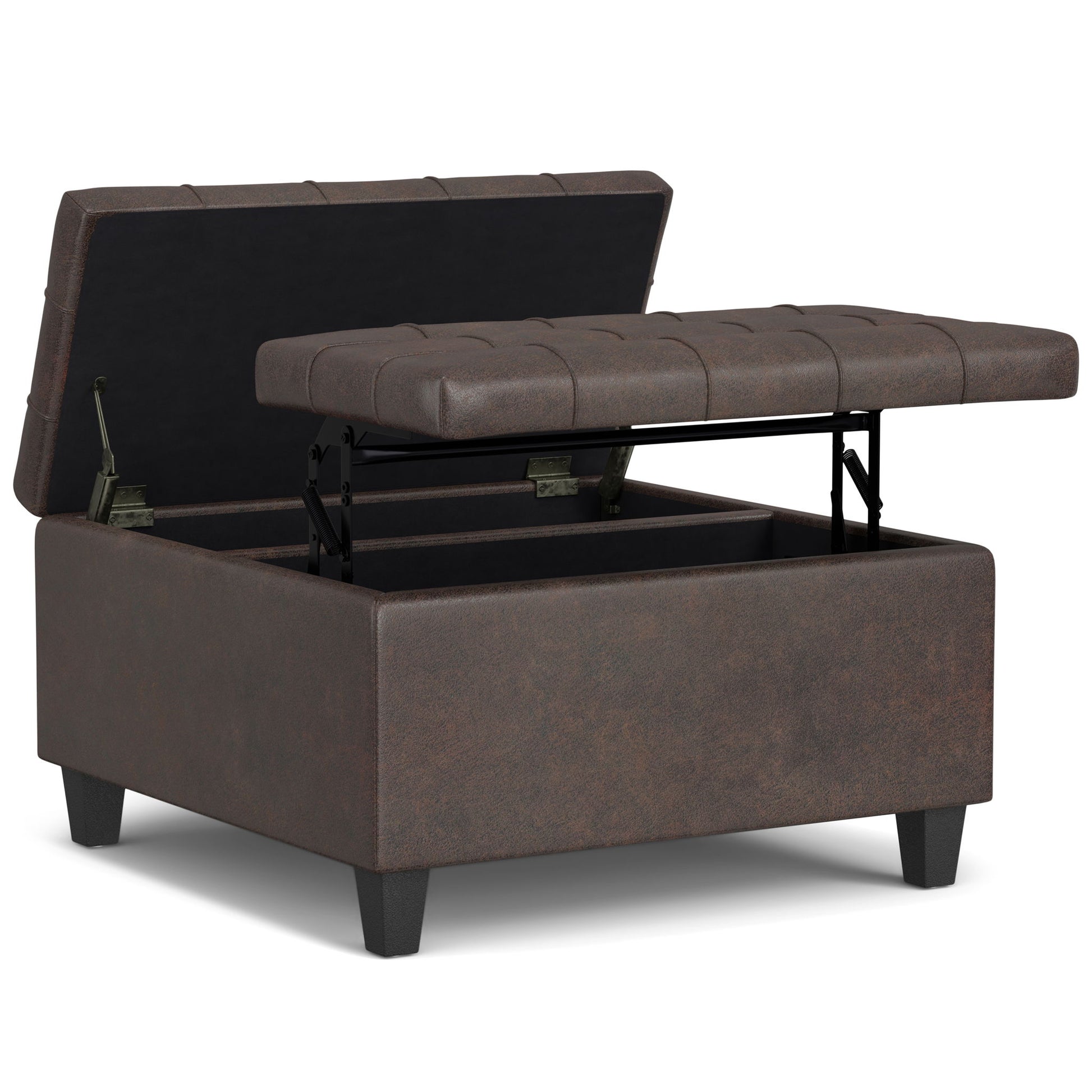 The Harrison Upholstered Coffee Table Storage Ottoman features a brown square design, tufted top, hinged lid that opens to reveal inner storage, and stands on four short black legs.