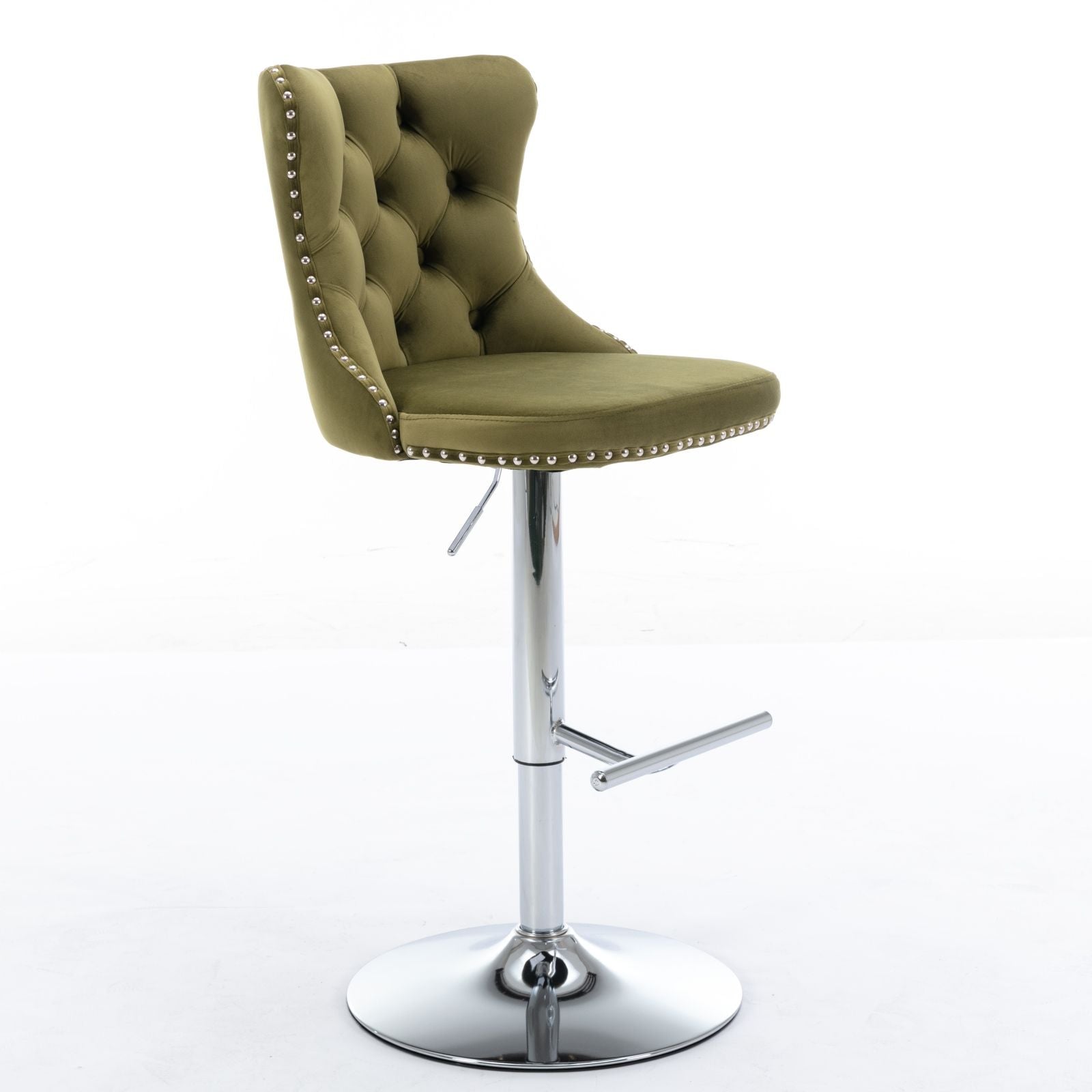 The Swivel Velvet Barstools (Set of 2) feature tufted backs, chrome bases, and adjustable seat heights from 25-33", offering stylish comfort for your home pub or kitchen island.