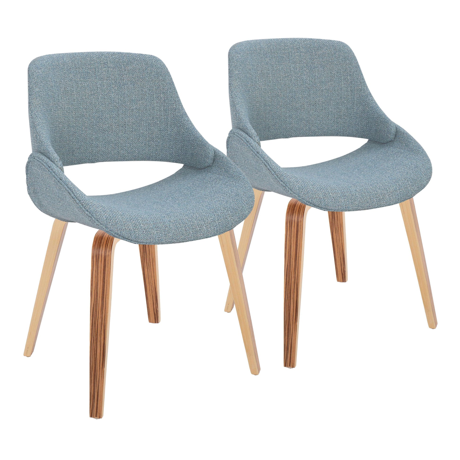 The Fabrico Mid Century Modern Dining Chair set includes two chairs with light blue upholstered seats and backs, curved wooden legs, and an open space between seat and backrest, shown against a white background.
