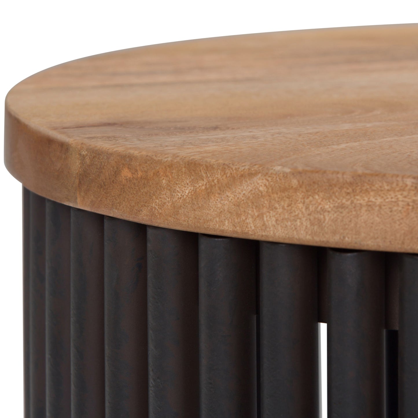 Close-up of the Demy Accent Table in Natural/Black, featuring a round wooden top with a smooth finish, supported by vertical black metal rods arranged in a circular pattern beneath the edge.