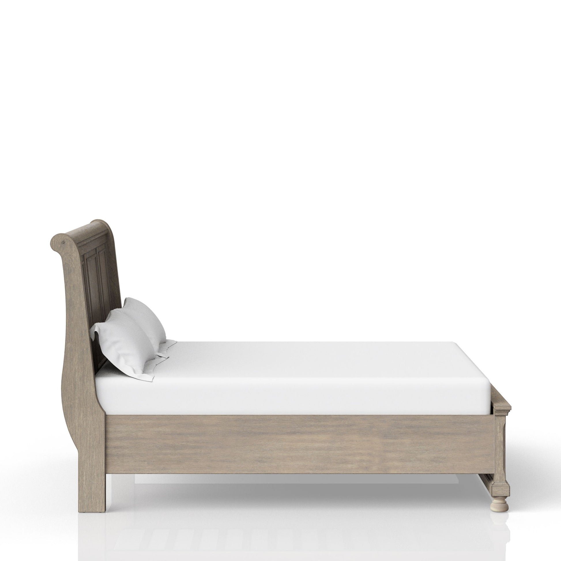 The Elegant Design Storage Bed features a high, curved headboard and low footboard in light brown wood, shown in profile with white bedding and two white pillows. The plain white background highlights its classic style.