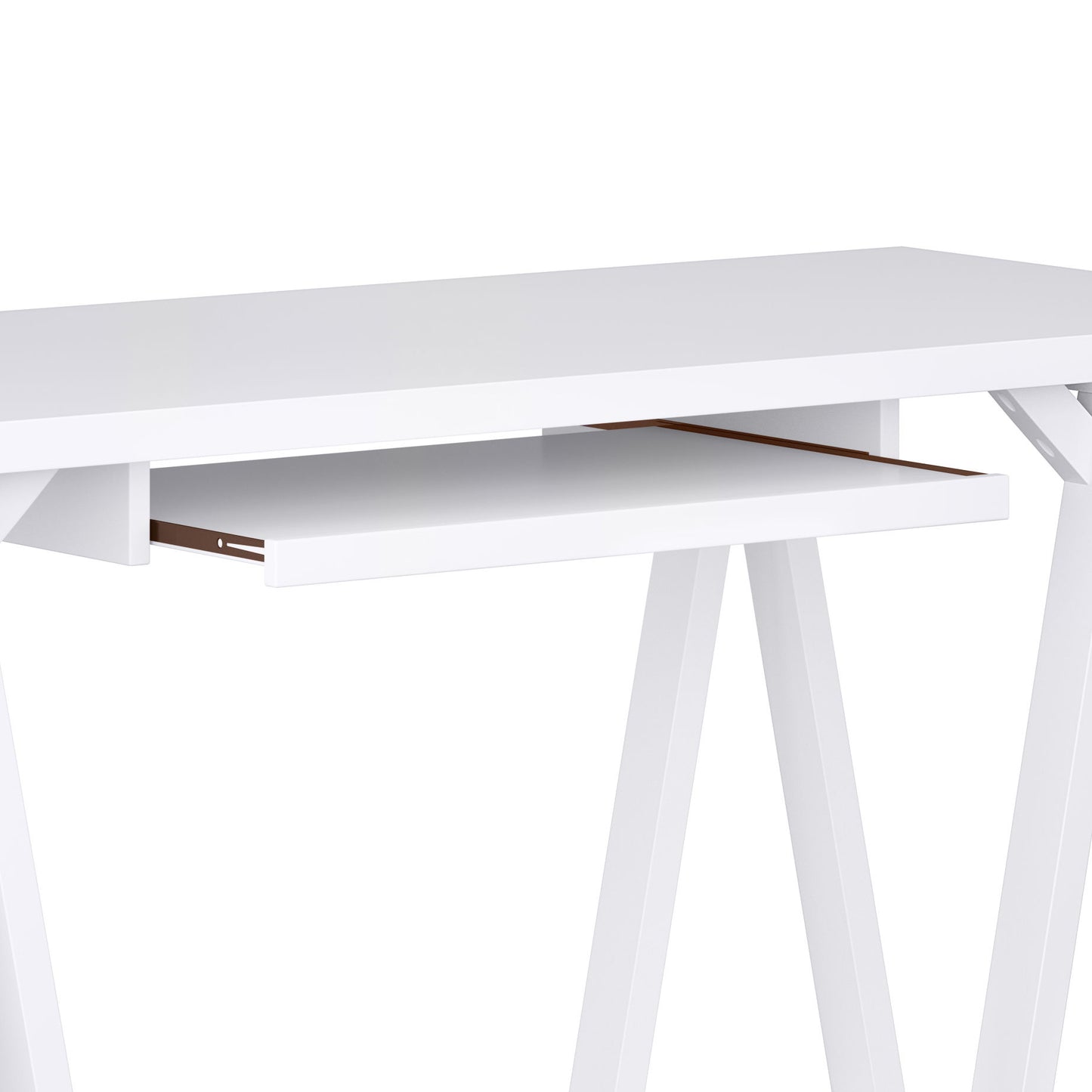 The Sawhorse - Handcrafted Desk is shown from a side angle, featuring a white finish, pull-out keyboard tray, and angled legs, set against a plain background.