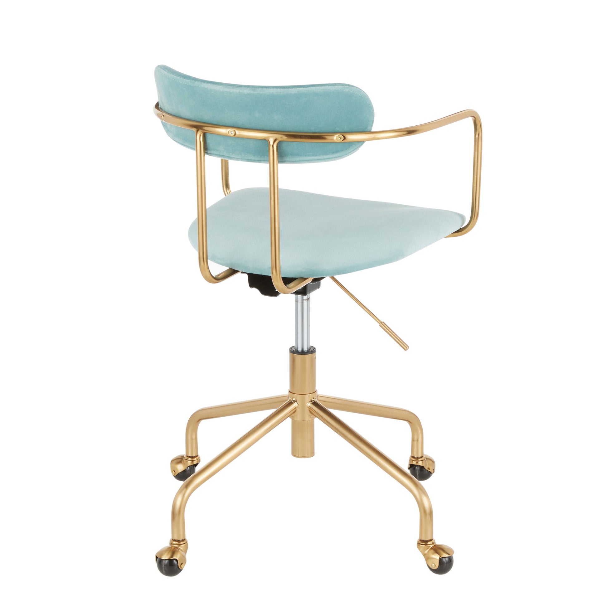 The Demi - Contemporary Office Chair features a gold metal frame, mint green upholstered seat and backrest, five-legged gold base with black casters, curved armrests, and adjustable height for modern office comfort.
