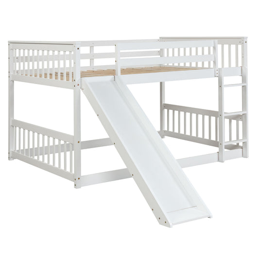 The Bunk Bed With Slide And Ladder features a white wooden frame with guardrails, a right-side ladder, and a front slide. Its elevated design provides space underneath for storage or play.