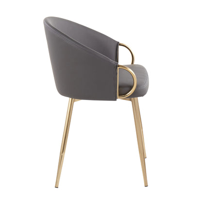 The Claire - Contemporary Glam Chair features a gray upholstered seat and backrest, sleek gold metal legs, and curved gold armrests, showcased from a side view.