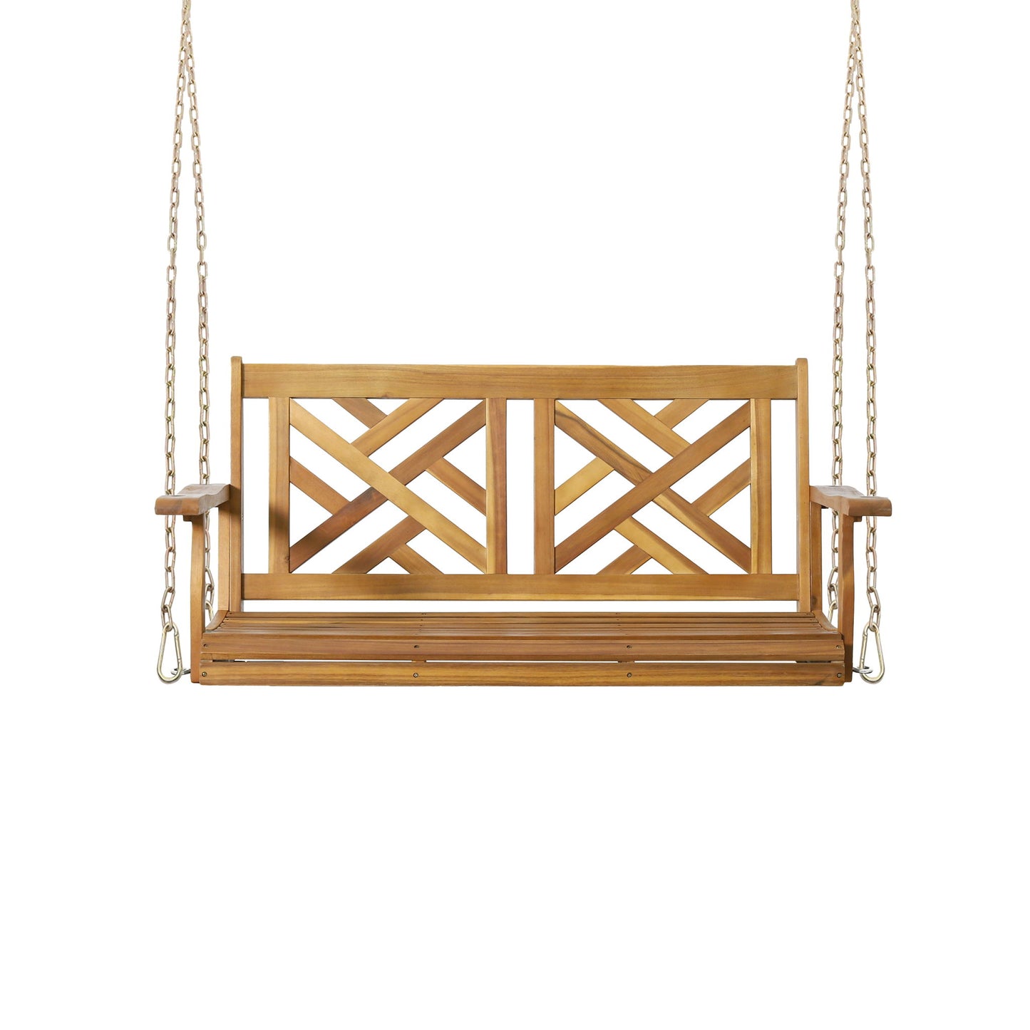 Alejandro - Acacia Wood Porch Swing features a slat panel seat, armrests, and is suspended by metal chains, shown against a white background.