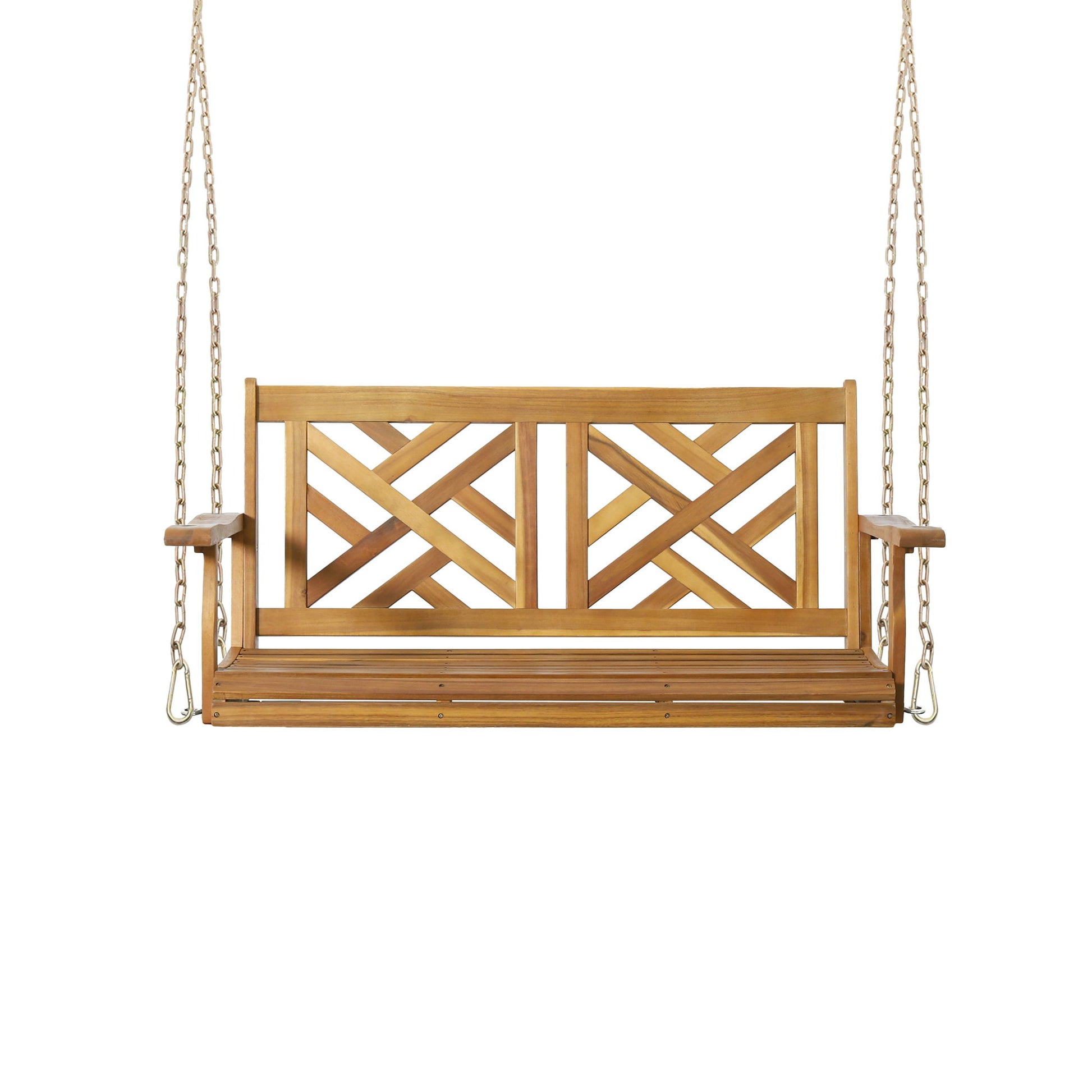 Alejandro - Acacia Wood Porch Swing features a slat panel seat, armrests, and is suspended by metal chains, shown against a white background.