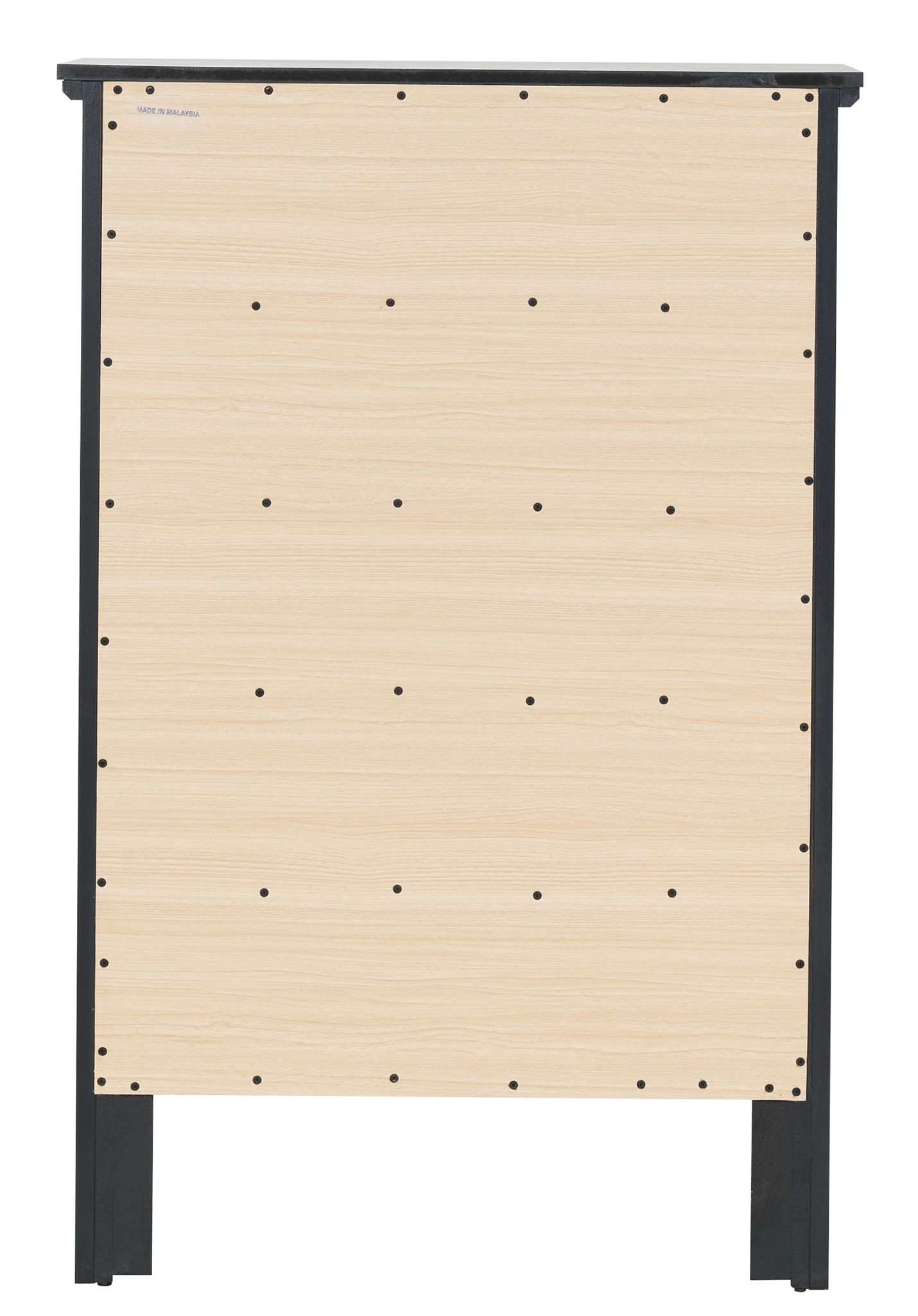 The Primo - Chest features a rectangular wooden panel with evenly spaced black screws on the edges and rows, supported by a black frame with four legs.