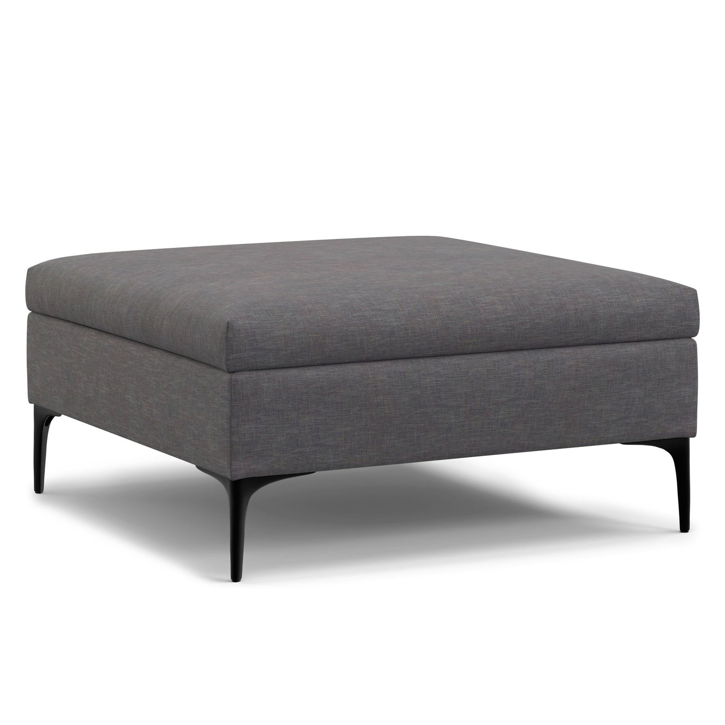 The Rebecca is a modern square storage ottoman coffee table with dark gray fabric upholstery, black metal legs, and a lift-up lid, shown against a white background.
