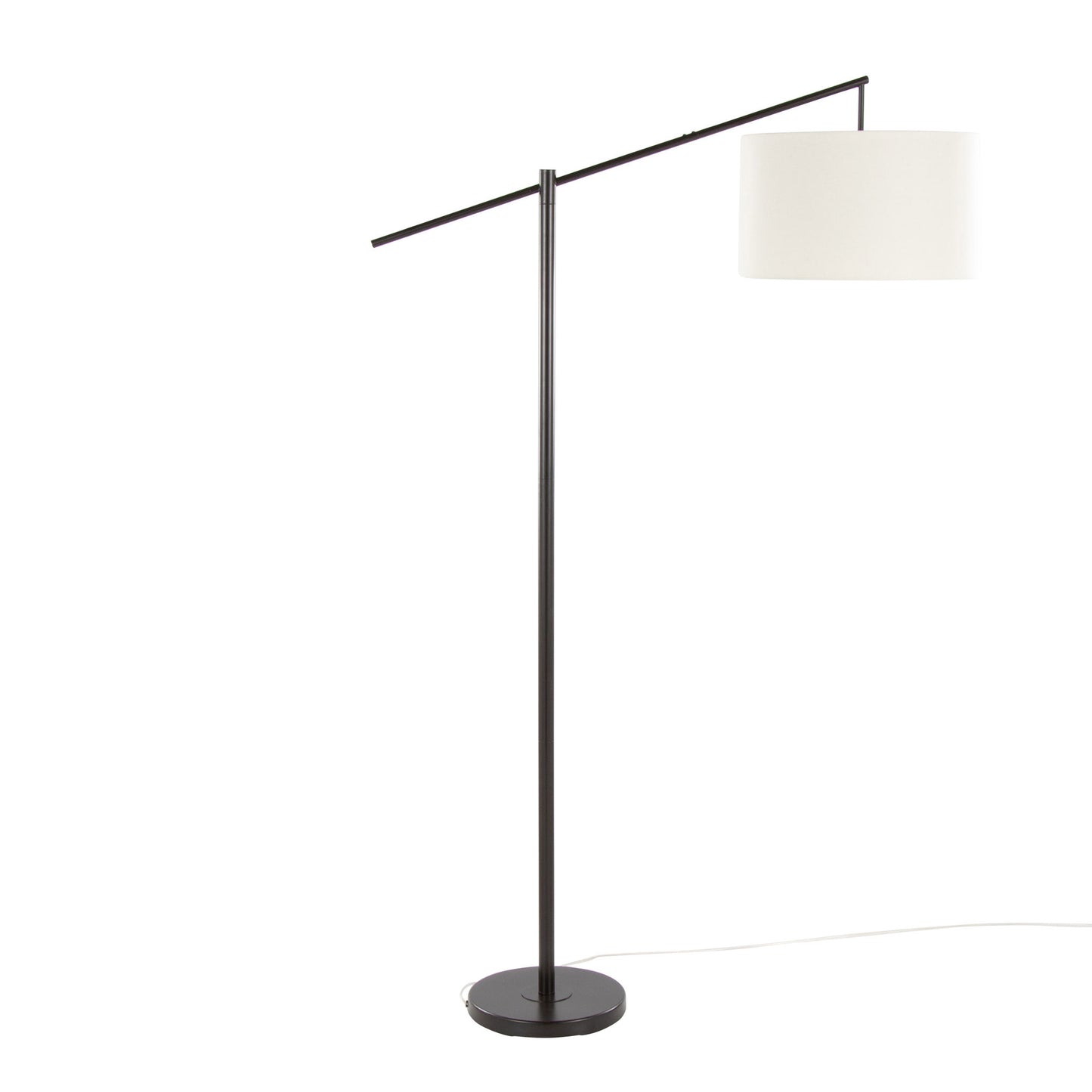The Casper - Contemporary Floor Lamp features a slim black metal stand and base with a horizontal arm holding a large cylindrical white shade. A visible power cord completes its modern design.