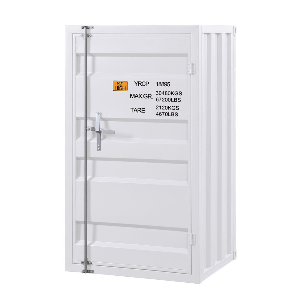 The Cargo - Ample Storage Chest is a white metal storage container with a single door, locking handle, and door text listing weight specs like maximum gross weight, tare weight, and container numbers.