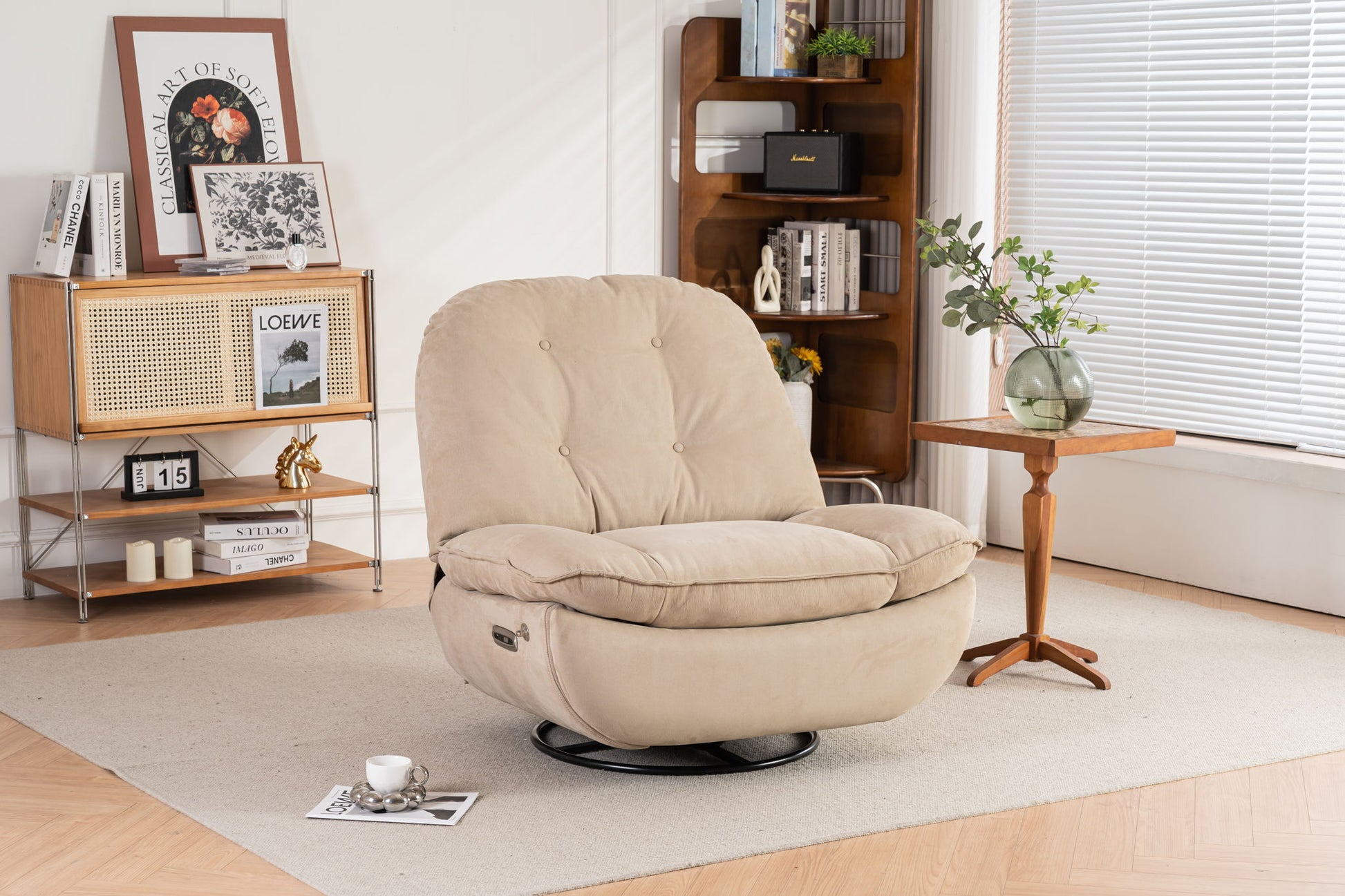 The Power Recliner Swivel Glider with USB Charger and Bluetooth Music Player is featured on a light rug in a modern living room, next to a wooden side table with a glass vase, green plant, bookshelf, cabinet, and large window with blinds.