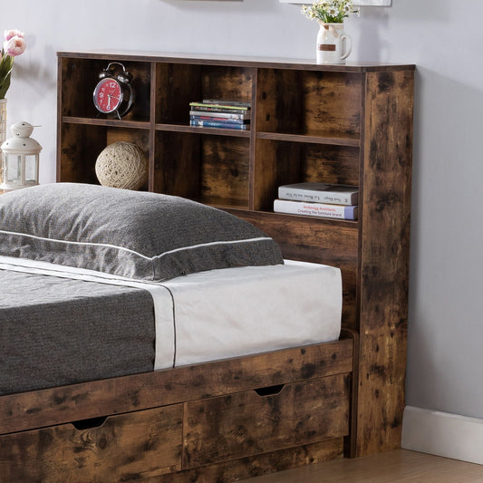 A rustic wooden bed with a Bookcase Headboard featuring 6 shelves, 3 adjustable, and rounded corners displays books, a red alarm clock, a potted plant, and decor. It has gray and white bedding and storage drawers underneath.
