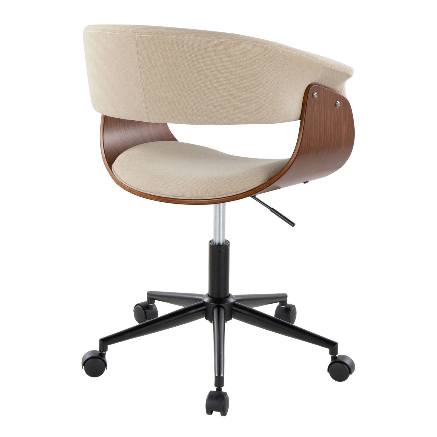 The Vintage Mod - Mid Century Modern Office Chair features a curved wooden backrest, light beige upholstered seat and back, black metal base with five caster wheels, and an adjustable height lever for customizable comfort.