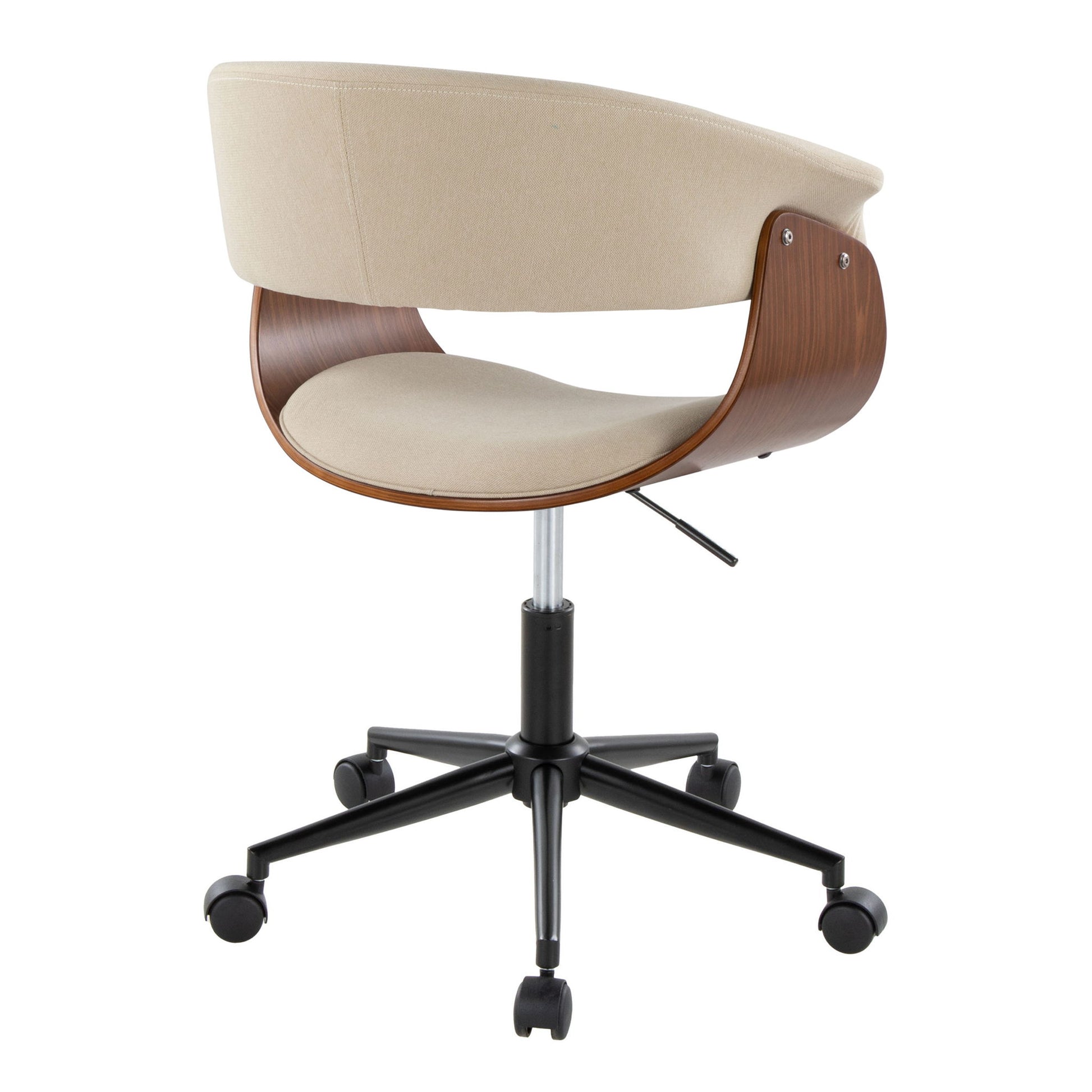 The Vintage Mod - Mid Century Modern Office Chair features a curved wooden backrest, light beige upholstered seat and back, black metal base with five caster wheels, and an adjustable height lever for customizable comfort.