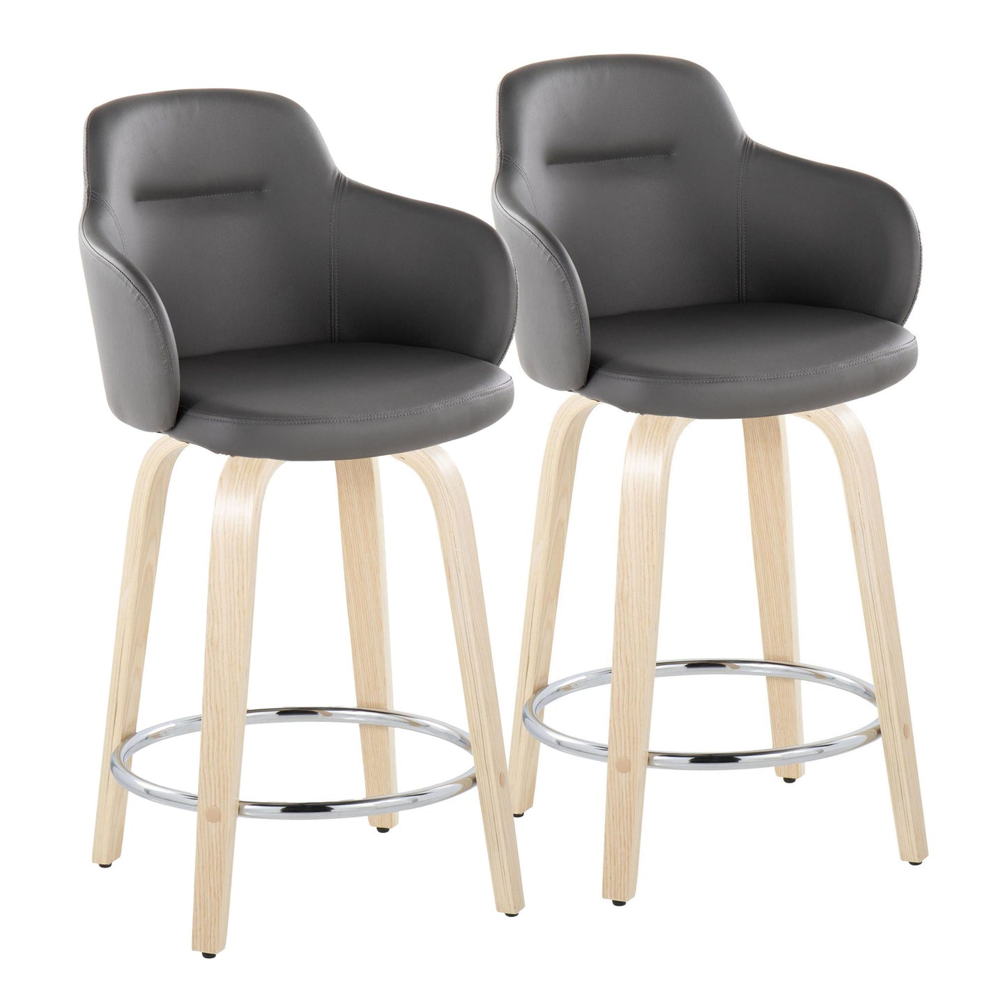 The Boyne Contemporary Fixed Height Counter Stool, set of 2, features curved dark gray cushioned seats, light wooden legs, a round metal footrest, and partial armrests—shown side by side against a plain white background.