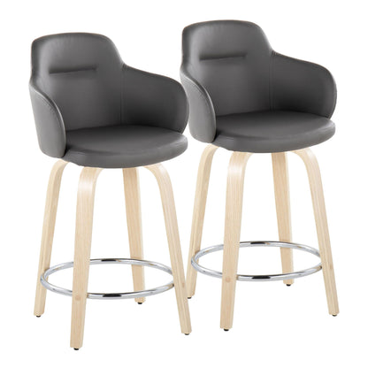 The Boyne Contemporary Fixed Height Counter Stool, set of 2, features curved dark gray cushioned seats, light wooden legs, a round metal footrest, and partial armrests—shown side by side against a plain white background.