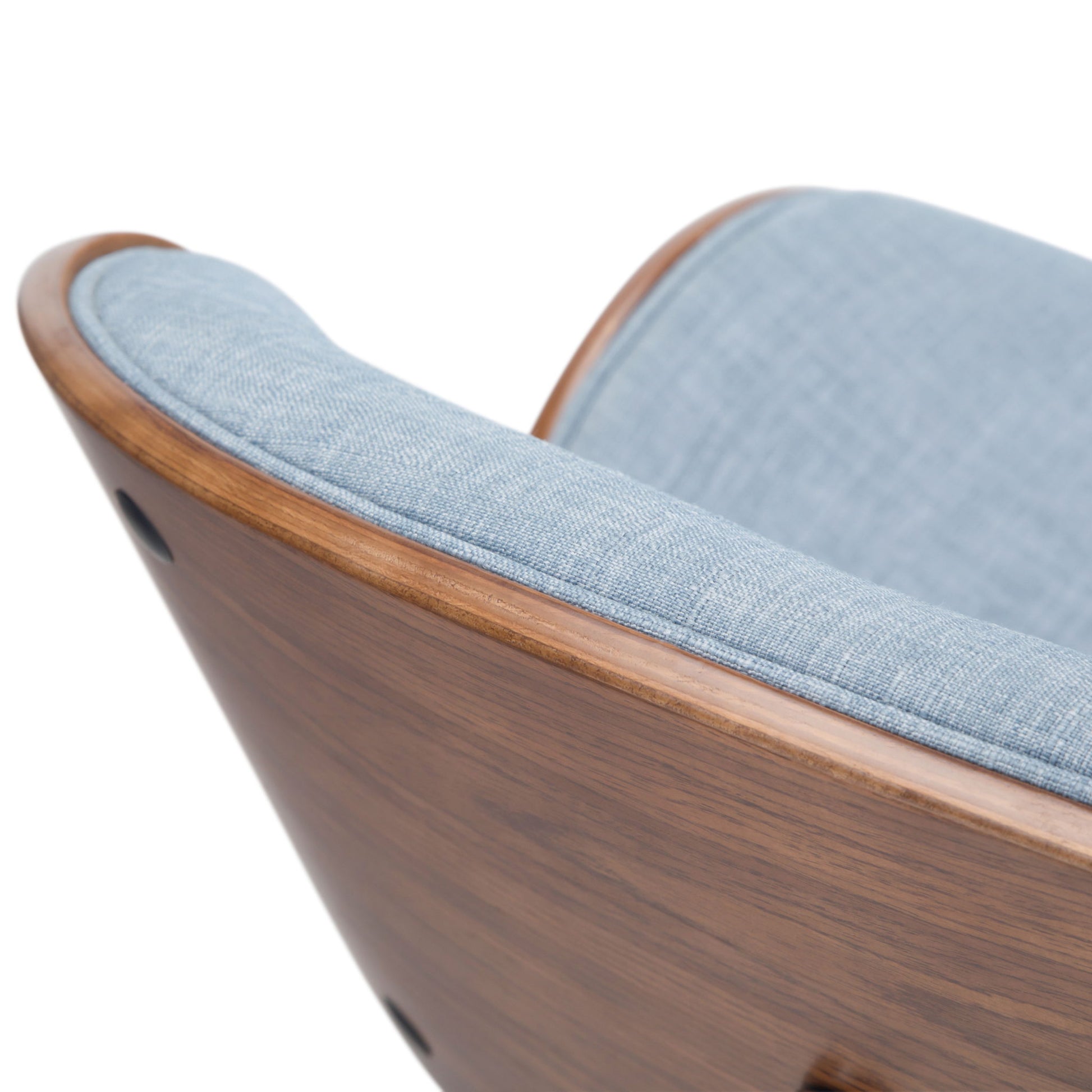 Close-up of the Marana - Multifunctional Handcrafted Bentwood Adjustable Swivel Bar Stool, featuring a light blue upholstered cushion and a curved wooden frame, set against a white background.