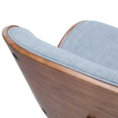 Close-up of the Marana - Multifunctional Handcrafted Bentwood Adjustable Swivel Bar Stool, featuring a light blue upholstered cushion and a curved wooden frame, set against a white background.