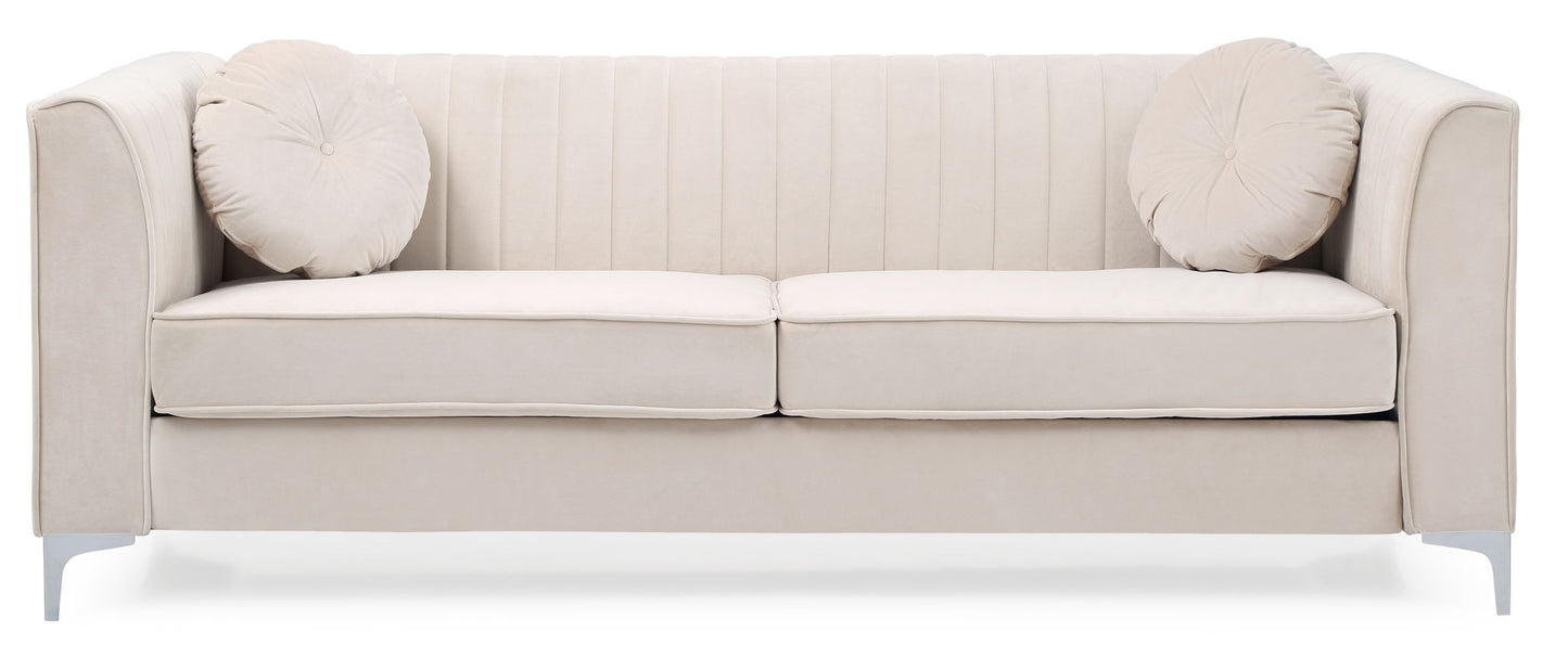 The Delray Micro Suede Sofa is a modern light beige piece with vertical-stitched backrest, metal legs, and comes with two matching round cushions—one for each end.