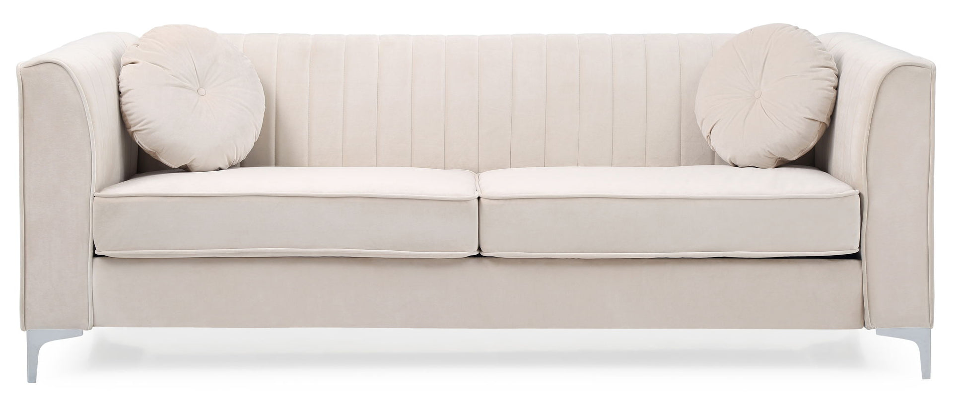 The Delray Micro Suede Sofa is a modern light beige piece with vertical-stitched backrest, metal legs, and comes with two matching round cushions—one for each end.