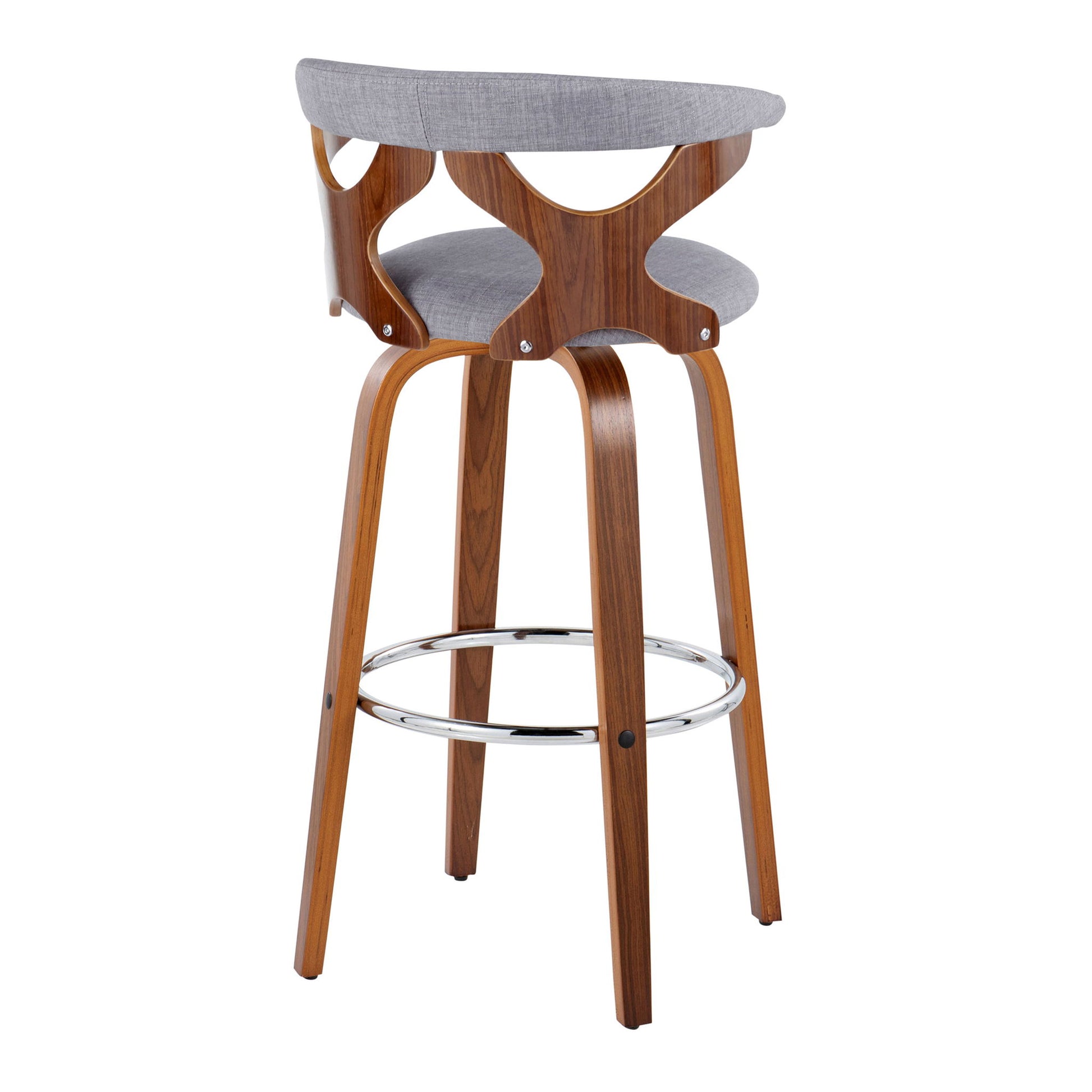 The Gardenia Mid Century Modern Fixed Height Barstool (Set of 2) features a curved wooden frame, gray upholstered seat and backrest with open rounded cutouts, and a chrome round footrest. Includes swivel functionality.
