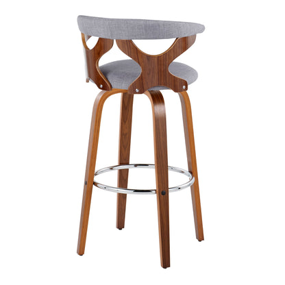 The Gardenia Mid Century Modern Fixed Height Barstool (Set of 2) features a curved wooden frame, gray upholstered seat and backrest with open rounded cutouts, and a chrome round footrest. Includes swivel functionality.