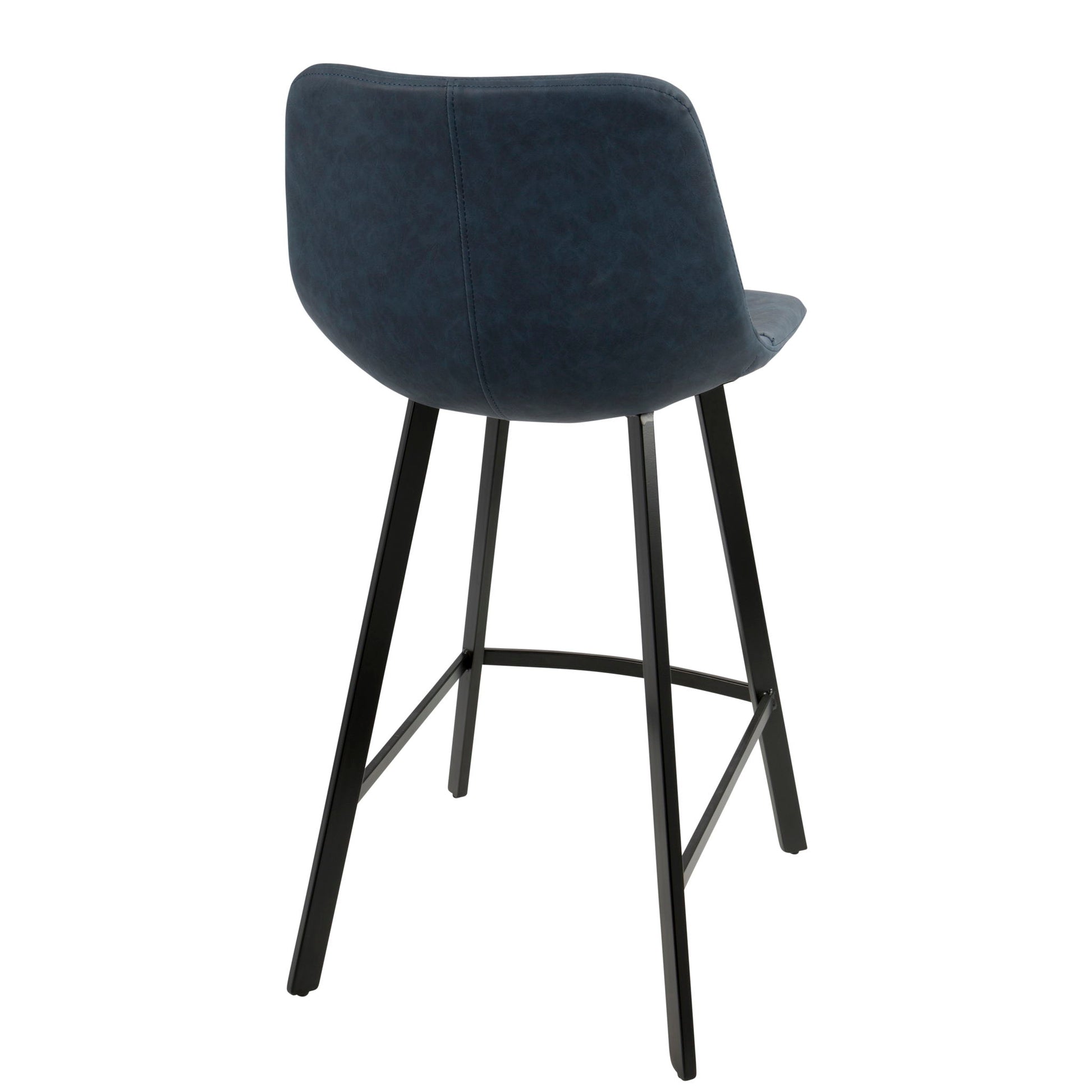 The Outlaw - Industrial Counter Stool (Set of 2) features a curved, dark blue upholstered seat and black metal legs, displayed from the back on a white background.