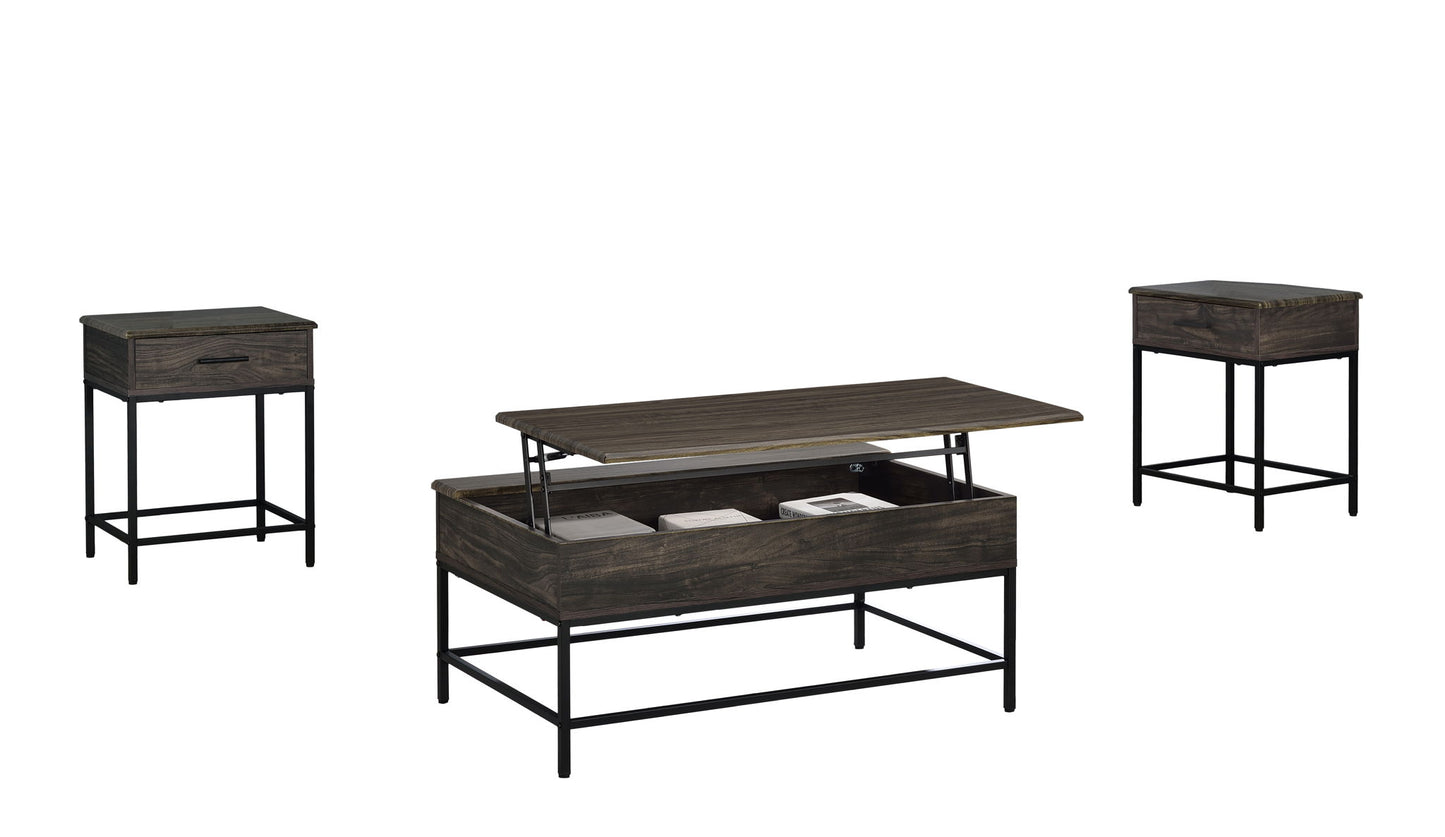 The Cliff Lift Top Coffee and End Table set includes a modern three-piece ensemble with black metal frames and dark wood tops: a lift-top coffee table with storage and two matching end tables with drawers, all shown on a white background.