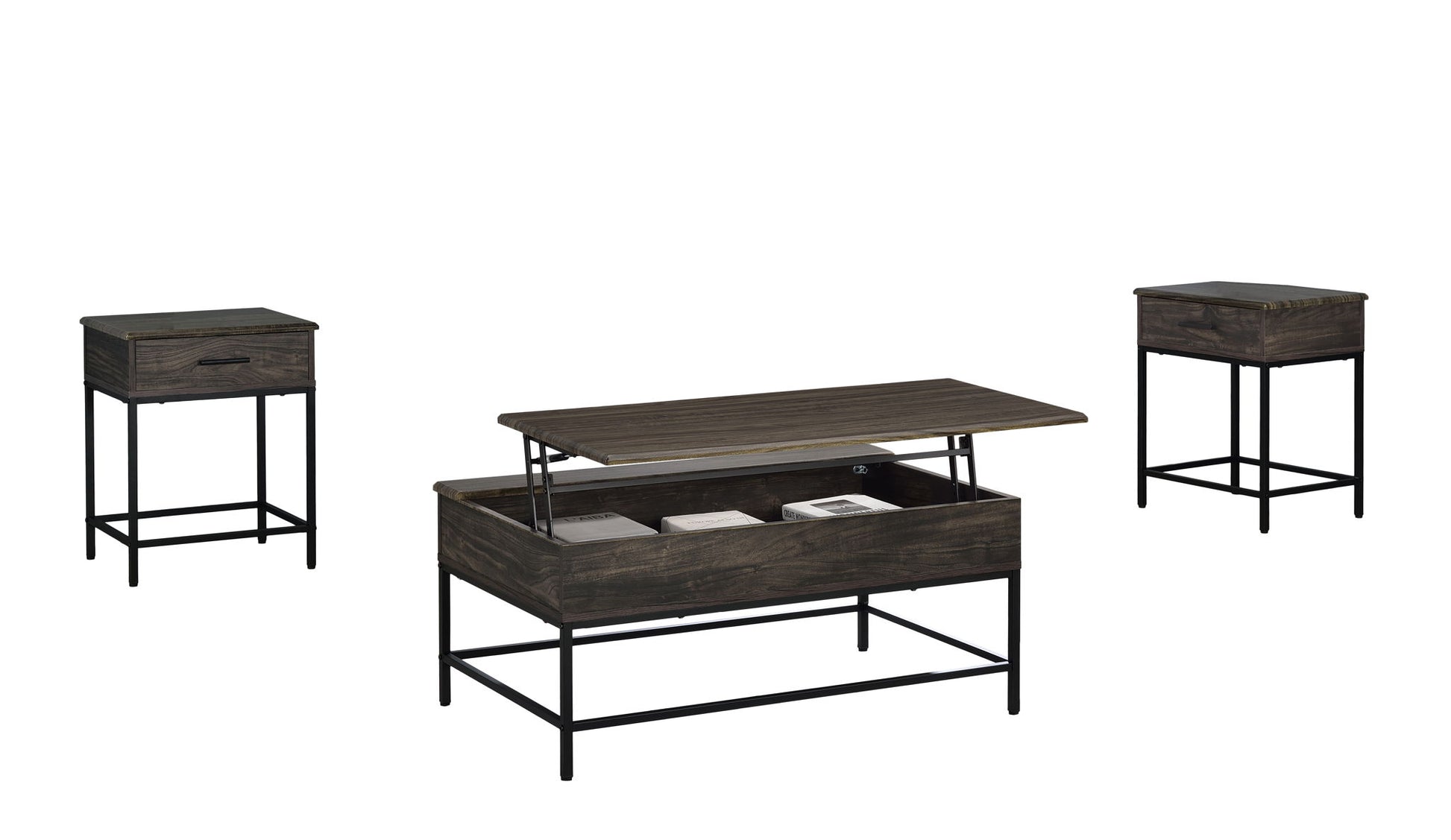The Cliff Lift Top Coffee and End Table set includes a modern three-piece ensemble with black metal frames and dark wood tops: a lift-top coffee table with storage and two matching end tables with drawers, all shown on a white background.