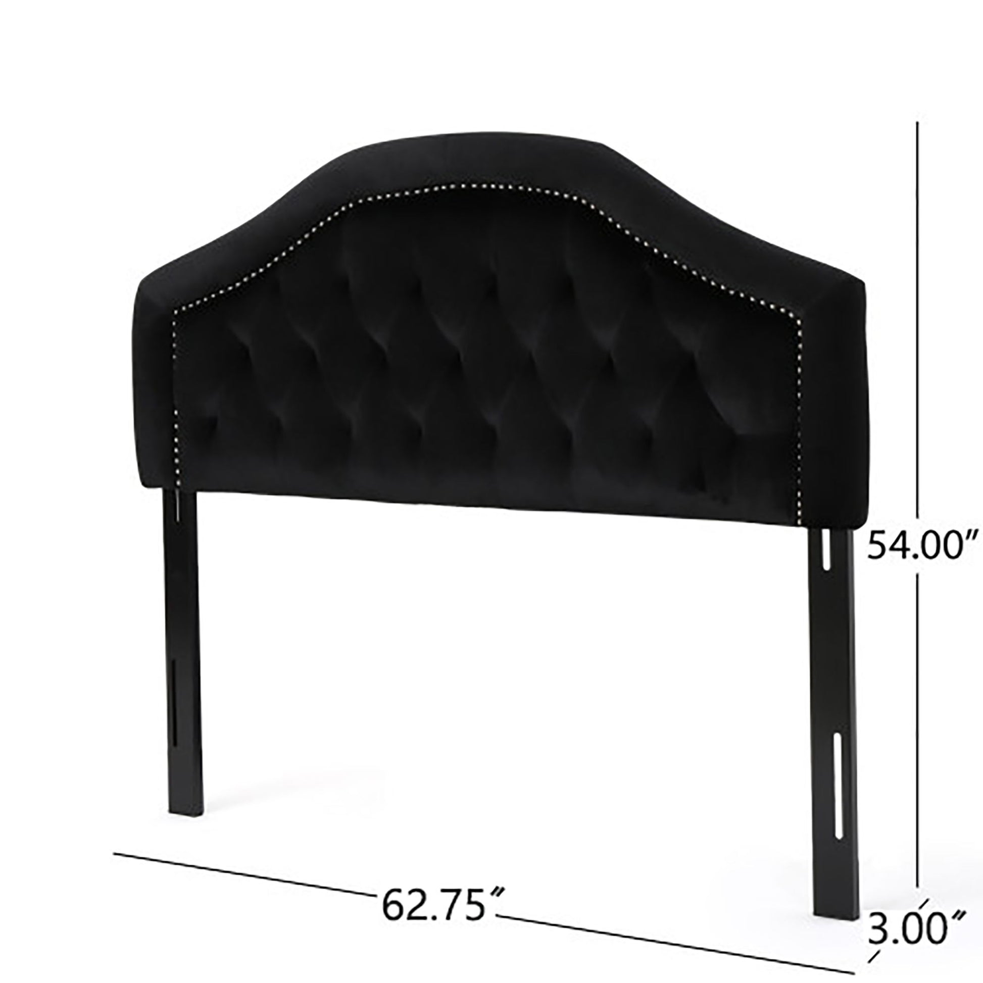 The Kaarina - Contemporary Tufted Fabric Headboard features black upholstery, silver nailhead trim, a curved top, and measures 62.75"W x 54"H x 3"D.