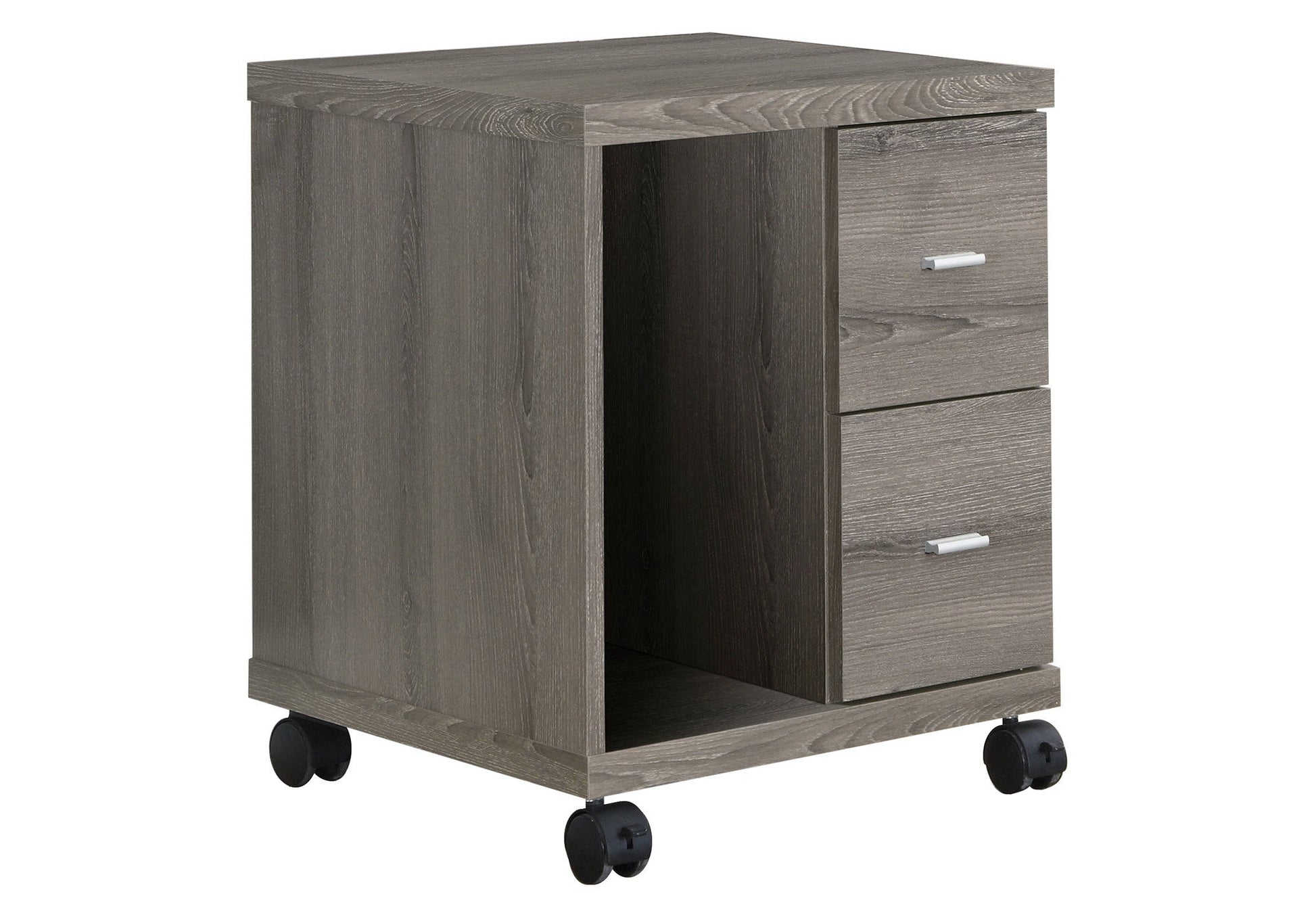 A contemporary gray wood rolling file cabinet with two drawers and a side open shelf, mounted on four black caster wheels—ideal as an office printer cart or mobile storage solution.