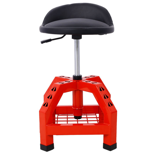 The Pneumatic 360 Degree Swivel Stool is a modern shop stool with a black cushioned seat, silver support, sturdy red base with geometric cutouts, and casters, ideal as a heavy-duty rolling mechanics creeper seat.