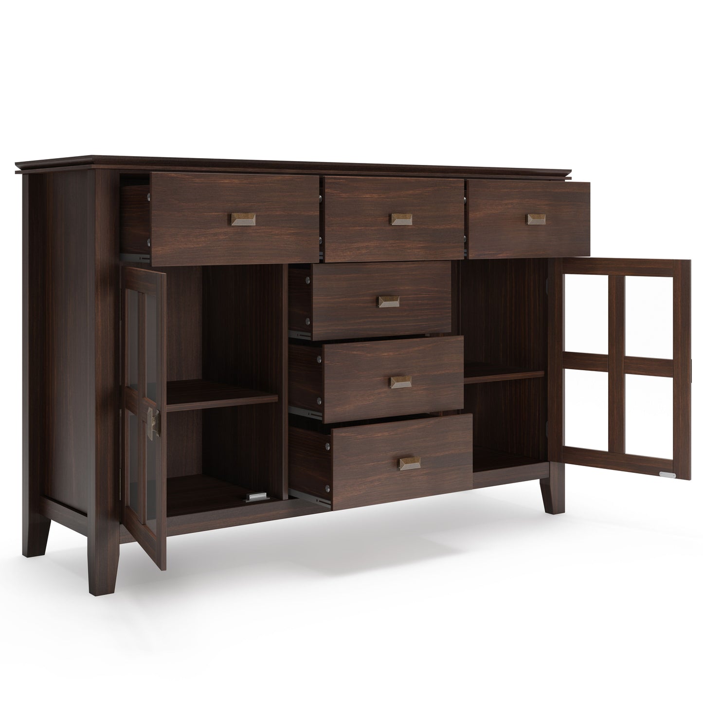 The Artisan - Handcrafted Sideboard Buffet features three top drawers, four central drawers, and two glass-paneled doors that open to reveal shelves, with all compartments shown open to highlight its spacious storage.