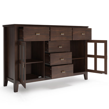 The Artisan - Handcrafted Sideboard Buffet features three top drawers, four central drawers, and two glass-paneled doors that open to reveal shelves, with all compartments shown open to highlight its spacious storage.