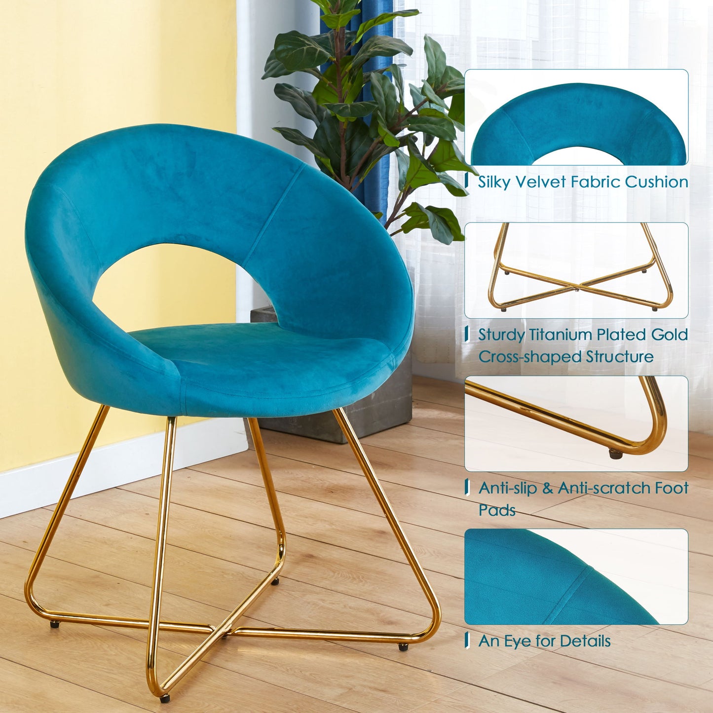 The Modern Accent Velvet Lounge Chair, shown in a bright room, features turquoise velvet upholstery, a round back, sturdy gold metal legs, anti-slip foot pads, and careful attention to detail for both comfort and style.