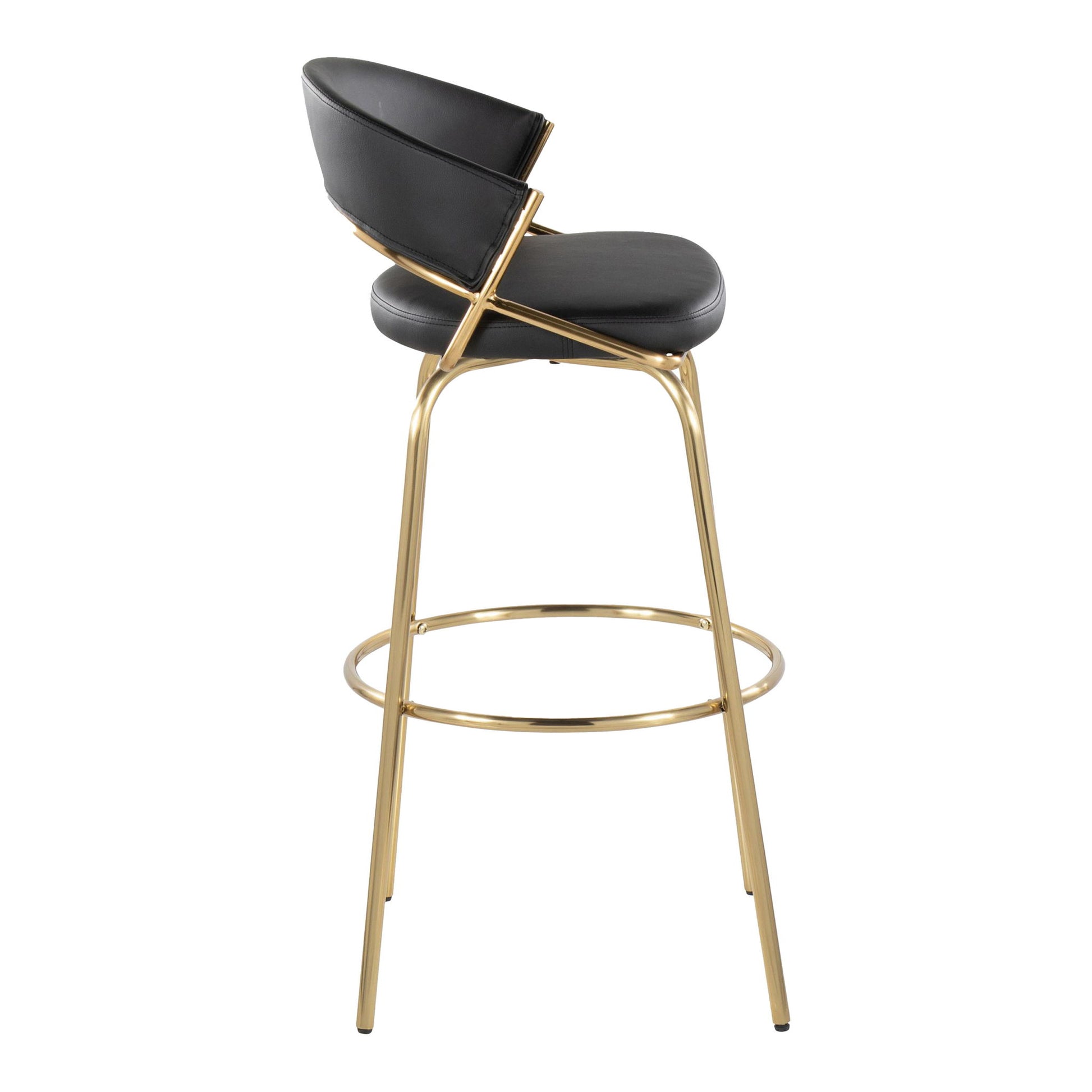 The Jie Fixed Height Contemporary Barstool (Set of 2) features a black cushioned seat and backrest, sleek gold metal frame, round footrest, and swivel function for a minimalist, modern look.