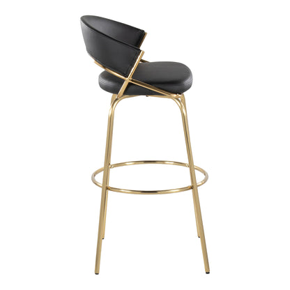The Jie Fixed Height Contemporary Barstool (Set of 2) features a black cushioned seat and backrest, sleek gold metal frame, round footrest, and swivel function for a minimalist, modern look.