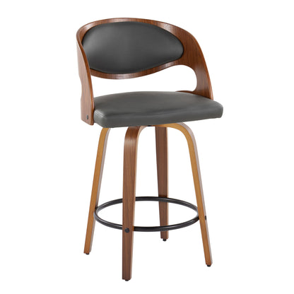 The Pino Mid Century Modern Fixed Height Barstool (Set of 2) features a curved wooden backrest, black padded seat and back, wooden legs, and a round black metal footrest with swivel functionality.