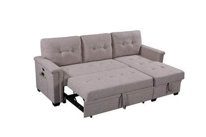 The Nathan Reversible Sleeper Sectional Sofa in light gray features tufted cushions, armrests with a side pocket, USB charging ports, a storage chaise, and converts easily into a bed.